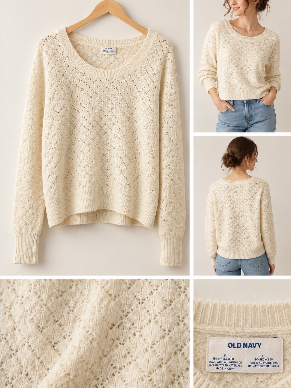 Old Navy Cream Open-Knit Crewneck Sweater